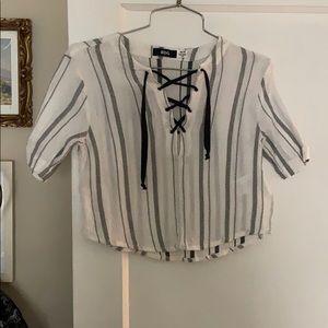 BDG summer striped cotton linen crop top with tie